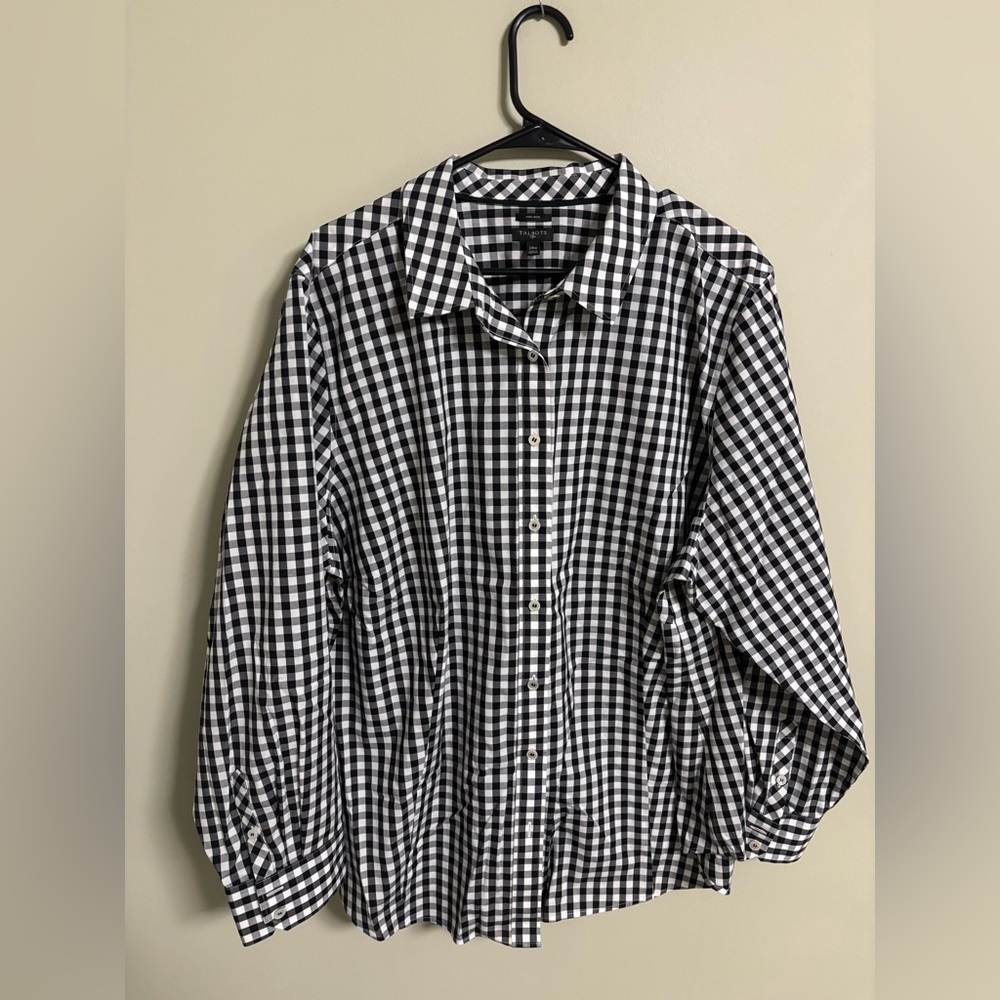 Talbots Plus Size 24W Black White Gingham Check Non Iron Button Down Shirt Top